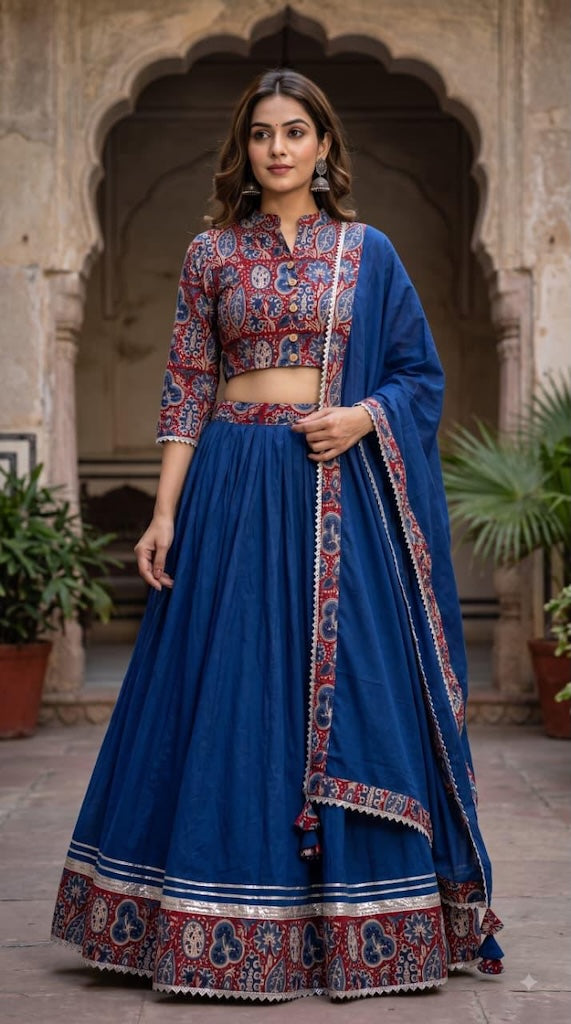 Bagru Hand Block Printed Designer Top & Skirt With Cotton Dupatta