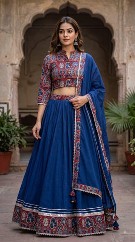 Bagru Hand Block Printed Designer Top & Skirt With Cotton Dupatta
