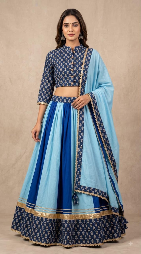 Bagru Hand Block Printed Designer Top & Skirt With Cotton Dupatta