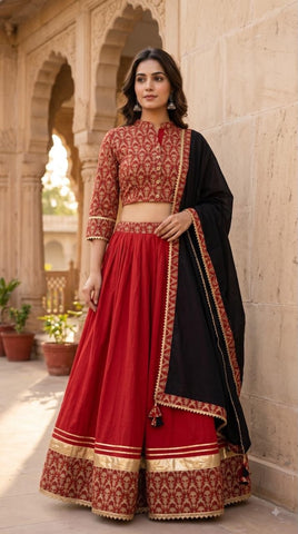 Bagru Hand Block Printed Designer Top & Skirt With Cotton Dupatta