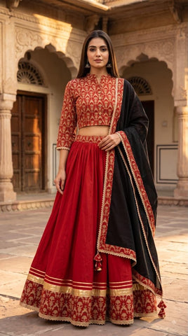 Bagru Hand Block Printed Designer Top & Skirt With Cotton Dupatta