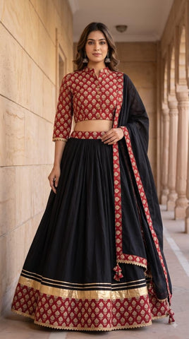 Bagru Hand Block Printed Designer Top & Skirt With Cotton Dupatta