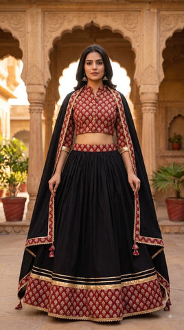 Bagru Hand Block Printed Designer Top & Skirt With Cotton Dupatta