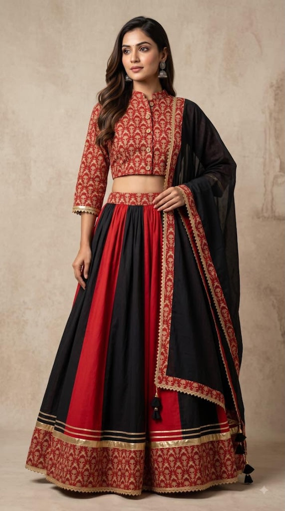 Bagru Hand Block Printed Designer Top & Skirt With Cotton Dupatta