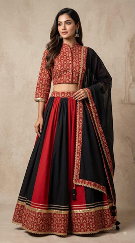 Bagru Hand Block Printed Designer Top & Skirt With Cotton Dupatta