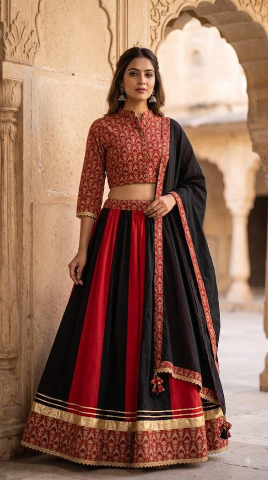 Bagru Hand Block Printed Designer Top & Skirt With Cotton Dupatta