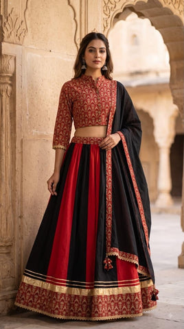 Bagru Hand Block Printed Designer Top & Skirt With Cotton Dupatta