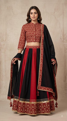 Bagru Hand Block Printed Designer Top & Skirt With Cotton Dupatta