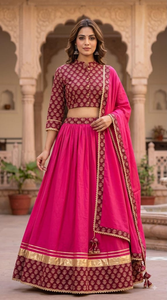 Bagru Hand Block Printed Designer Top & Skirt With Cotton Dupatta