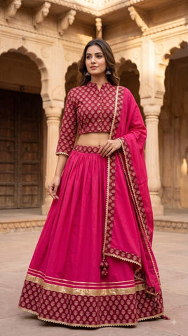 Bagru Hand Block Printed Designer Top & Skirt With Cotton Dupatta