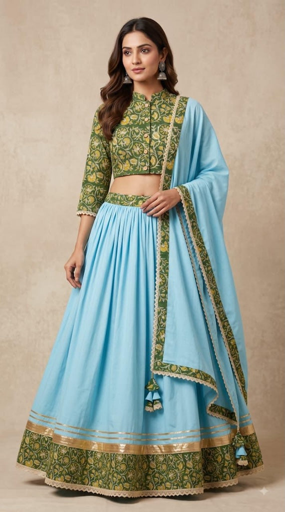 Bagru Hand Block Printed Designer Top & Skirt With Cotton Dupatta
