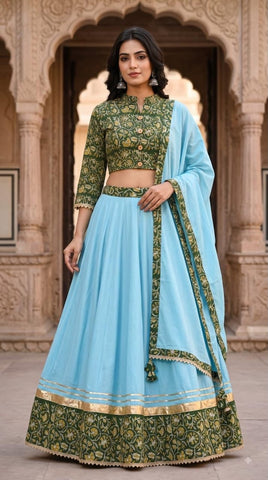 Bagru Hand Block Printed Designer Top & Skirt With Cotton Dupatta