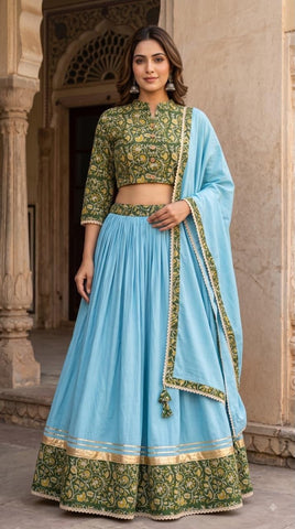 Bagru Hand Block Printed Designer Top & Skirt With Cotton Dupatta
