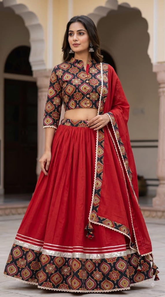 Bagru Hand Block Printed Designer Top & Skirt With Cotton Dupatta