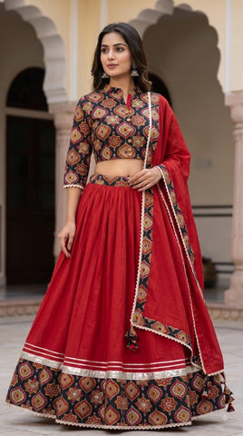 Bagru Hand Block Printed Designer Top & Skirt With Cotton Dupatta