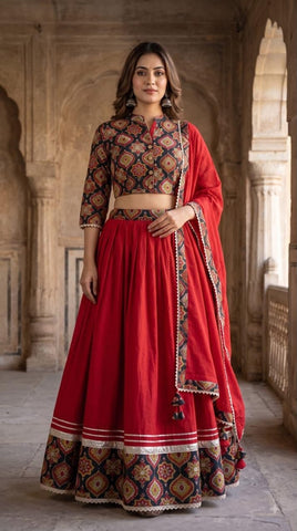 Bagru Hand Block Printed Designer Top & Skirt With Cotton Dupatta