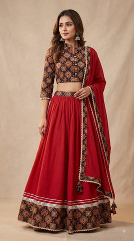 Bagru Hand Block Printed Designer Top & Skirt With Cotton Dupatta