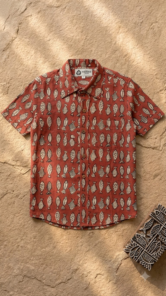 Quirky Fish Organic Print Half Sleeve Shirt  - Pujo Special