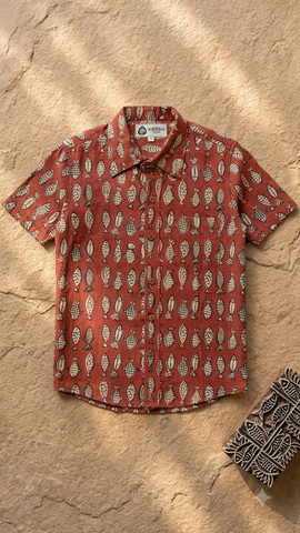 Quirky Fish Organic Print Half Sleeve Shirt  - Pujo Special