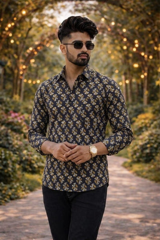 Floral Block Print Full Sleeves Cotton Men Shirt - Organic