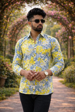 Floral Block Print Full Sleeves Cotton Men Shirt - Organic