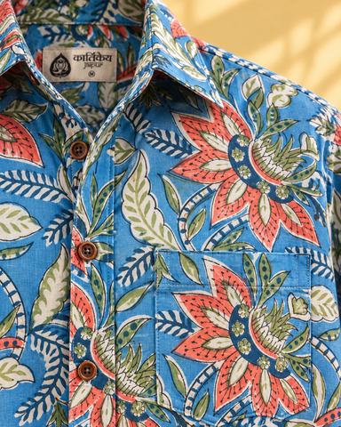 Ethnic Floral Hand Block Printed Blue Shirt for Men
