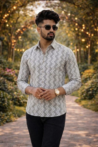 Floral Block Print Full Sleeves Cotton Men Shirt - Organic