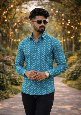 Floral Block Print Full Sleeves Cotton Men Shirt - Organic