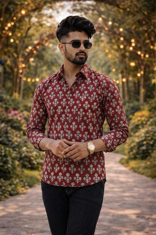 Floral Block Print Full Sleeves Cotton Men Shirt - Organic