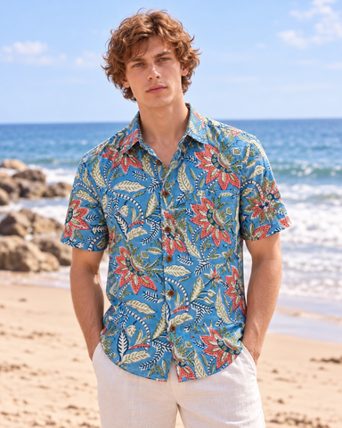 Ethnic Floral Hand Block Printed Blue Shirt for Men