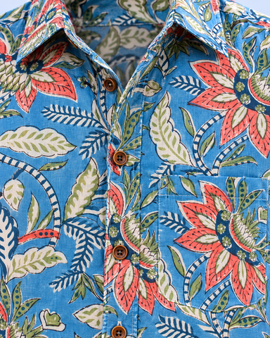 Ethnic Floral Hand Block Printed Blue Shirt for Men
