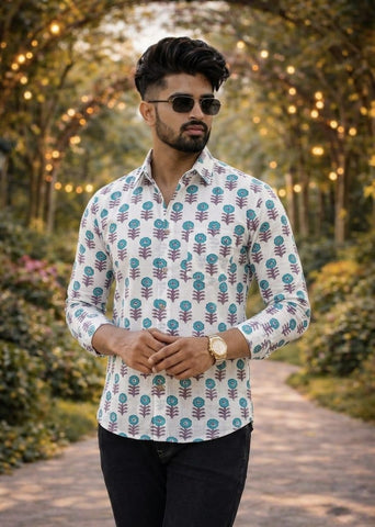 Floral Block Print Full Sleeves Cotton Men Shirt - Organic