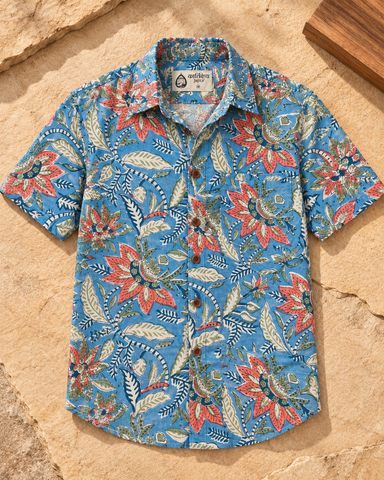 Ethnic Floral Hand Block Printed Blue Shirt for Men