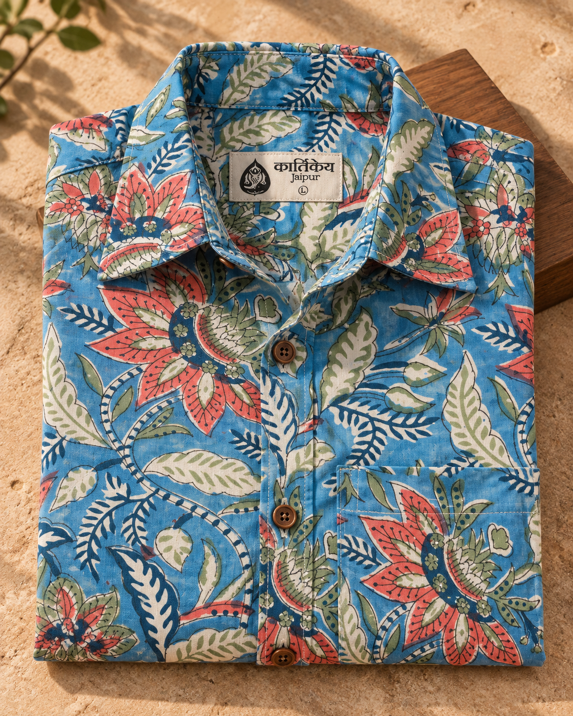 Ethnic Floral Hand Block Printed Blue Shirt for Men