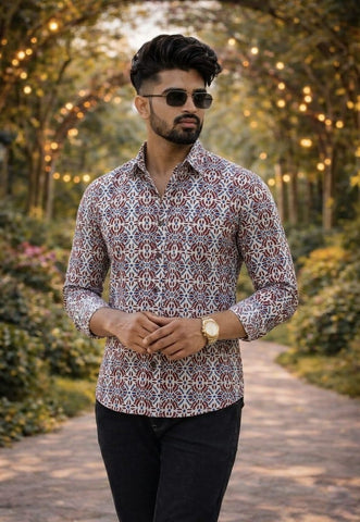 Floral Block Print Full Sleeves Cotton Men Shirt - Organic
