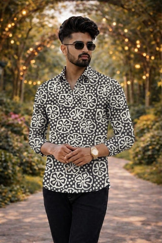 Floral Block Print Full Sleeves Cotton Men Shirt - Organic