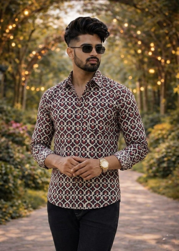 Floral Block Print Full Sleeves Cotton Men Shirt - Organic