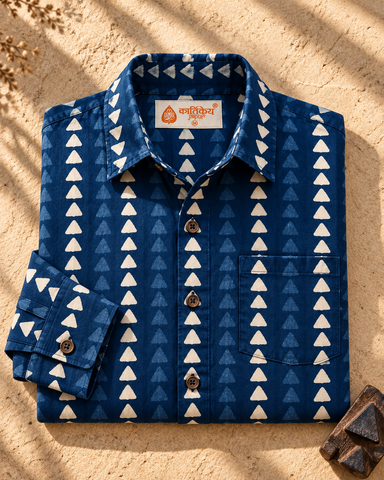 Kartikeya Jaipur Natural Print Indigo Full Sleeves Shirt -Organic ( Pre Book - Dispatch by 5TH NOV )