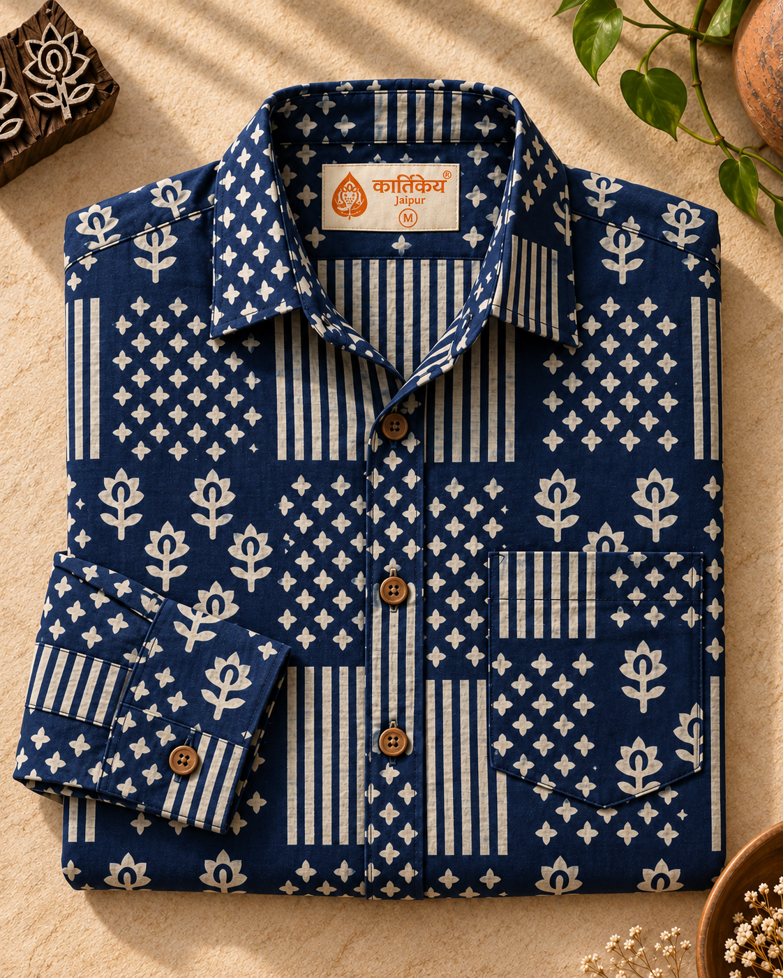 Kartikeya Jaipur Natural Print Indigo Full Sleeves Shirt -Organic ( Pre Book - Dispatch by 5TH NOV )