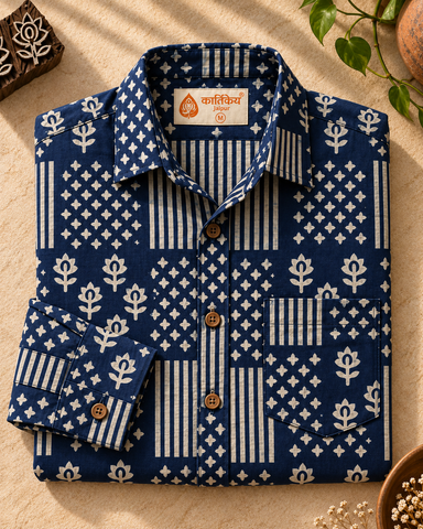 Kartikeya Jaipur Natural Print Indigo Full Sleeves Shirt -Organic ( Pre Book - Dispatch by 5TH NOV )