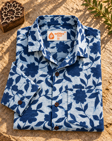 Kartikeya Jaipur Natural Print Indigo Full Sleeves Shirt -Organic ( Pre Book - Dispatch by 5TH NOV )