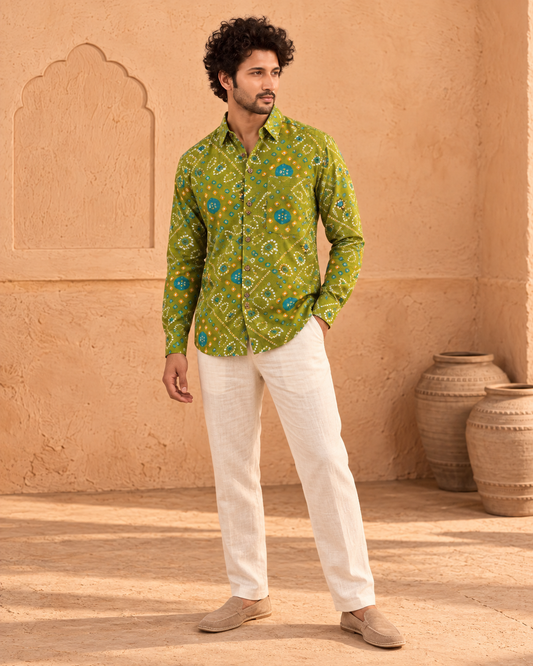 Bandhej Full Sleeves Cotton Mehndi Shirt For Men - Festive Edit