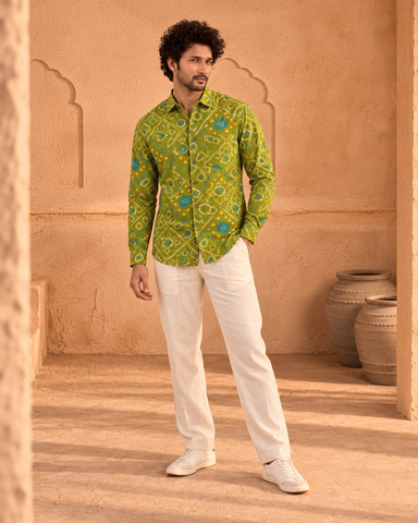 Bandhej Full Sleeves Cotton Mehndi Shirt For Men - Festive Edit