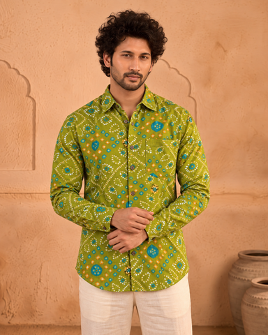 Bandhej Full Sleeves Cotton Mehndi Shirt For Men - Festive Edit