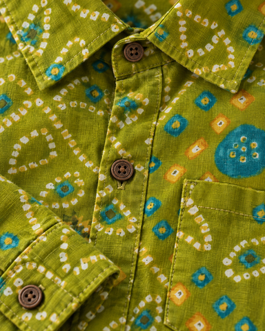 Bandhej Full Sleeves Cotton Mehndi Shirt For Men - Festive Edit