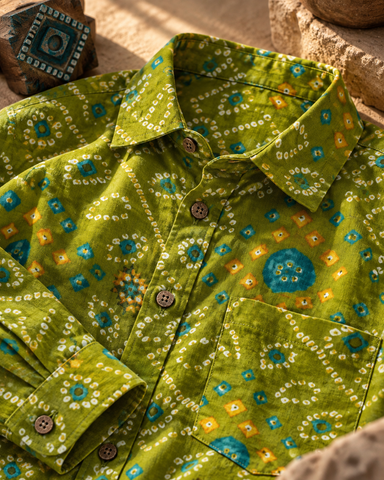 Bandhej Full Sleeves Cotton Mehndi Shirt For Men - Festive Edit