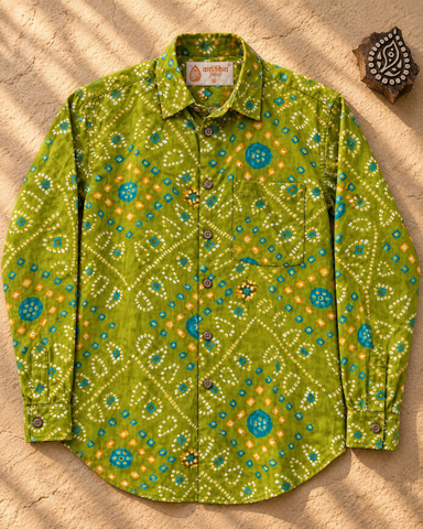 Bandhej Full Sleeves Cotton Mehndi Shirt For Men - Festive Edit