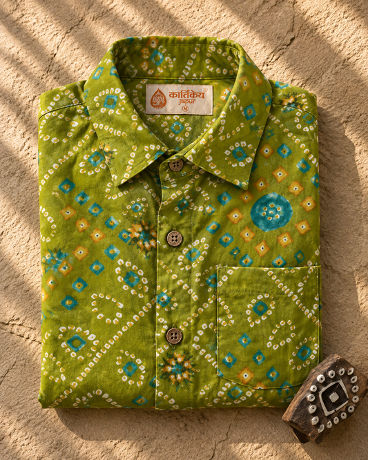 Bandhej Full Sleeves Cotton Mehndi Shirt For Men - Festive Edit