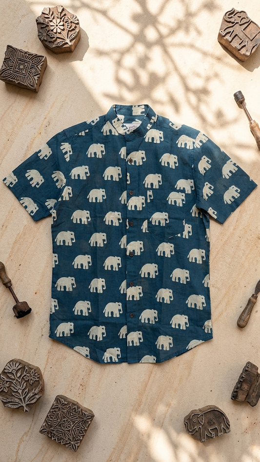 Classic Bold Elephant Half Sleeve Mandarin Collar Shirt - Green