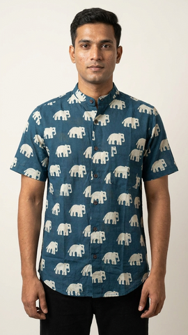 Classic Bold Elephant Half Sleeve Mandarin Collar Shirt - Green